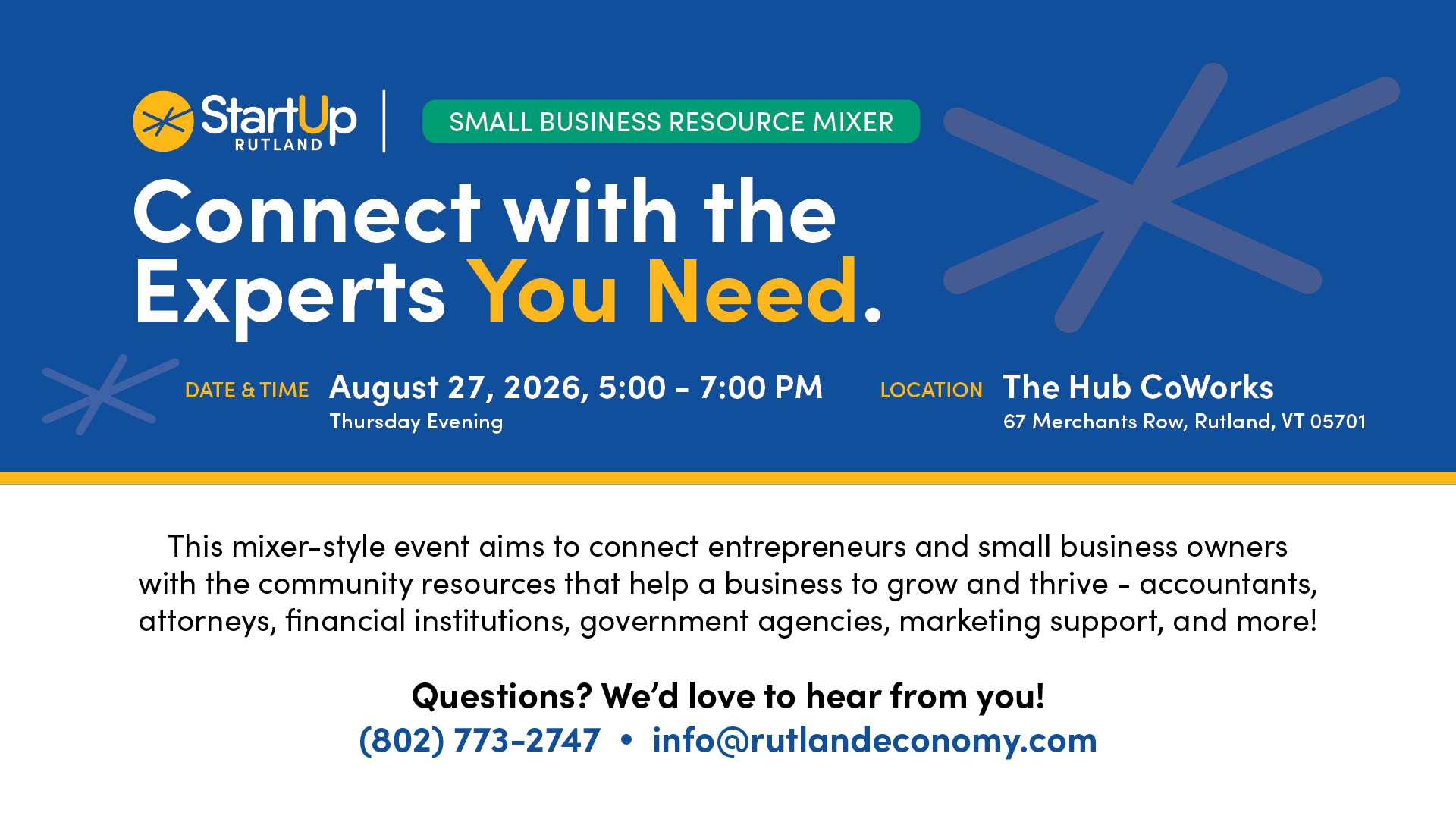 StartUp Rutland Small Business Resource Mixer 8/27/26